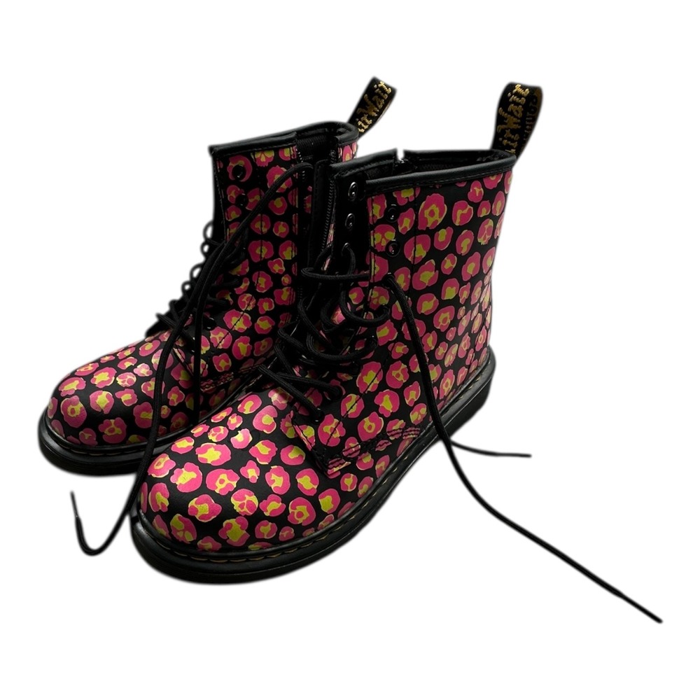 Dr Martens 1460 J Kids Leopard Print Combat Boots Black Pink Yellow Size 5